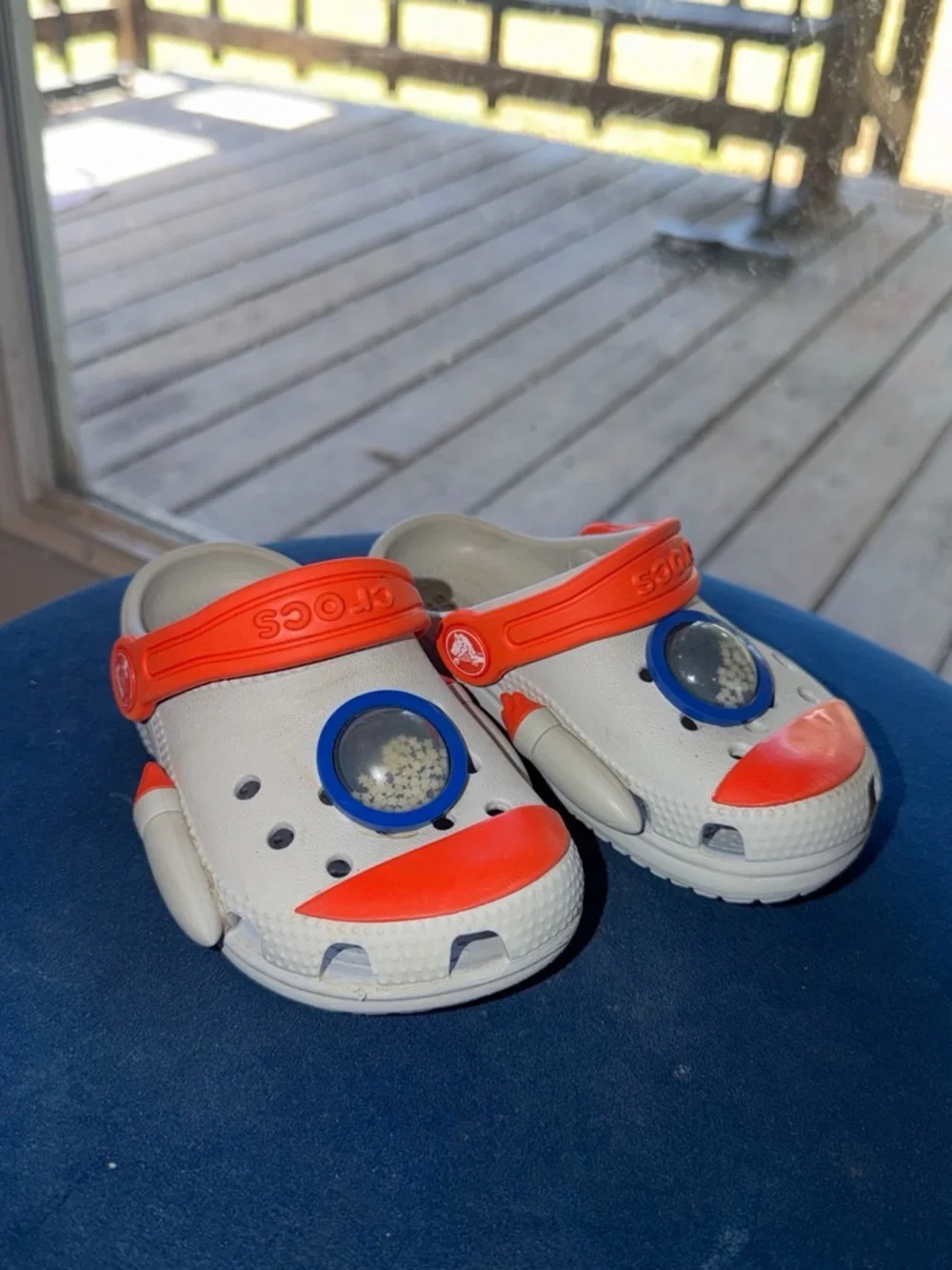CROCS Kids White & Orange Light-Up Clogs with Blue Accents